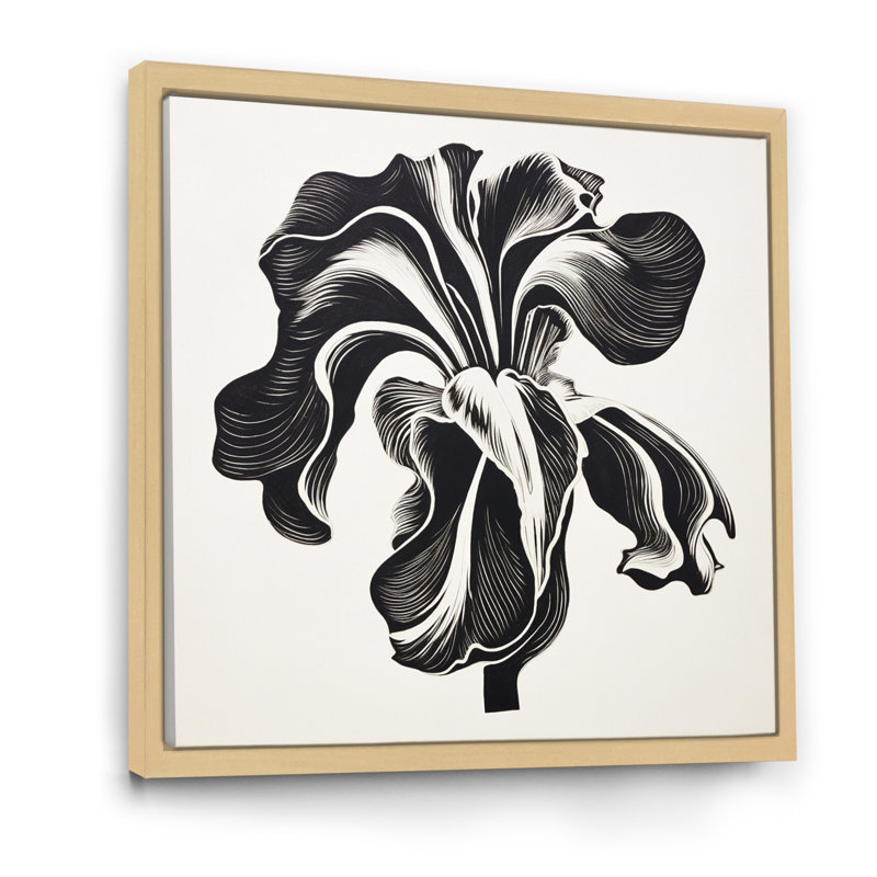 Fleur d'iris noir et blanc sur toile, H 16 po x l 16 po x P 1 po, Cadre flottant brun