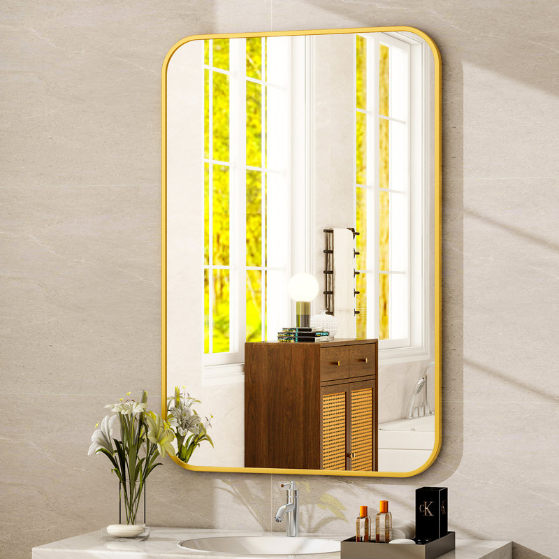 Jyun Safely Rounded Rectangle Metal Bathroom Mirror, Light Gold, 48" x 36"