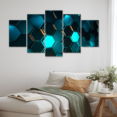 Hexagone à texture turquoise - décoration murale géométrique 5 pièces