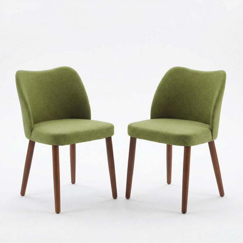 Upholstered Dining Chairs Set of 2, Modern Linen Kitchen Chairs with Cushioned Seat and Wood Legs, Green