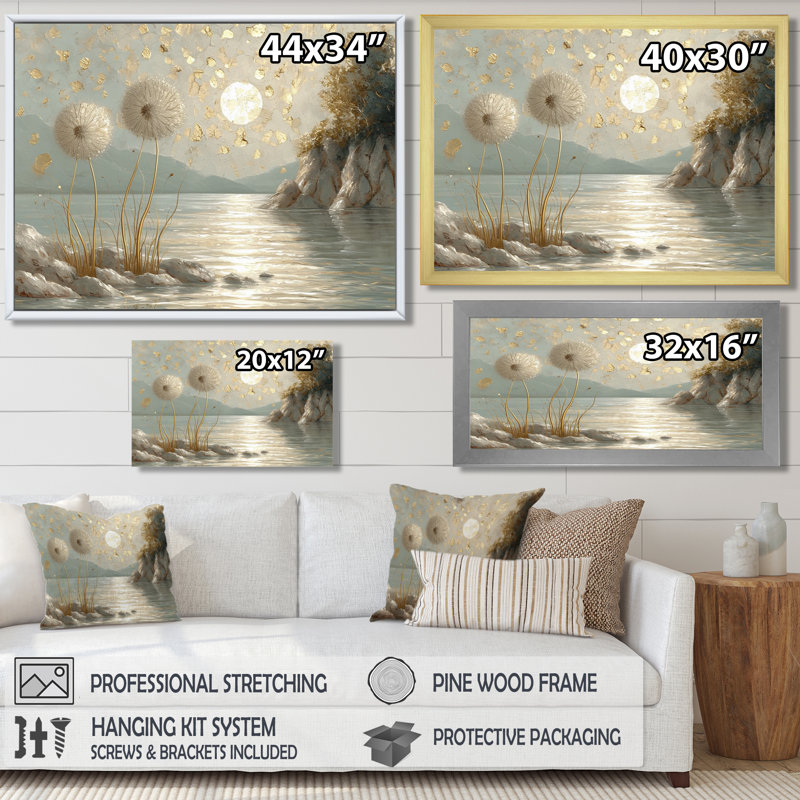 «Blooming Dandelion Silver Full Moon River - Lake», reproduction d'art, Cadre flottant brun, H 12 po x l 20 po