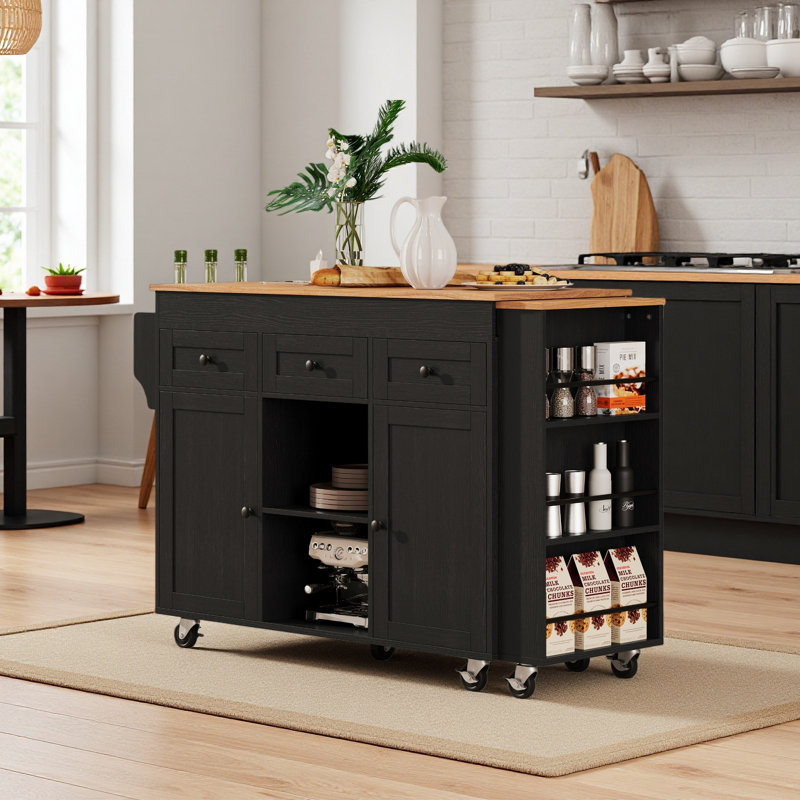 85.5" Kitchen Island With Extendable Dining Table, Kitchen Storage Table With 3 Side Open Shelves, Rolling Kitchen Island With Power Outlet, 3 Drawers, 2 Doors, For Kitchen, Dining Room