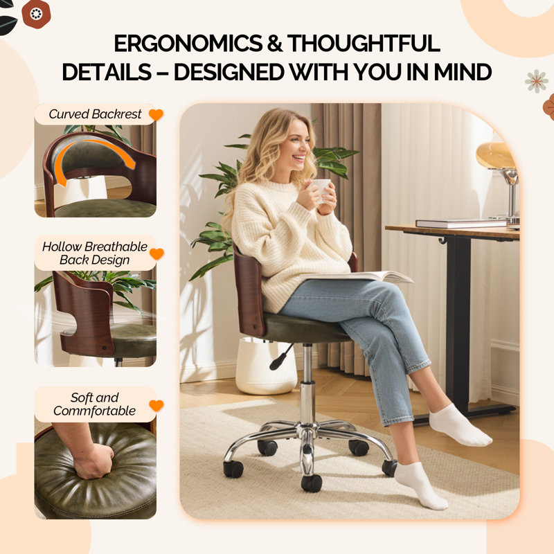 Ring-Shaped Wooden Back Office Chair With Foot Spikes And Wheels, Olive Green