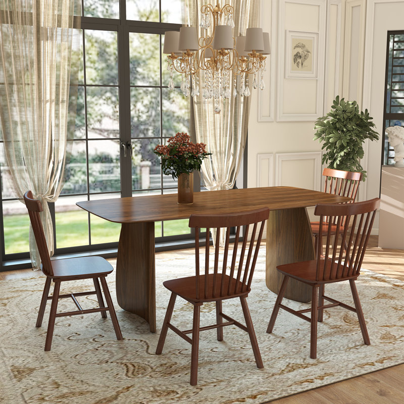 Modern Dining Table Set, 5 Pieces: Table, 4 Chairs, Walnut, Walnut