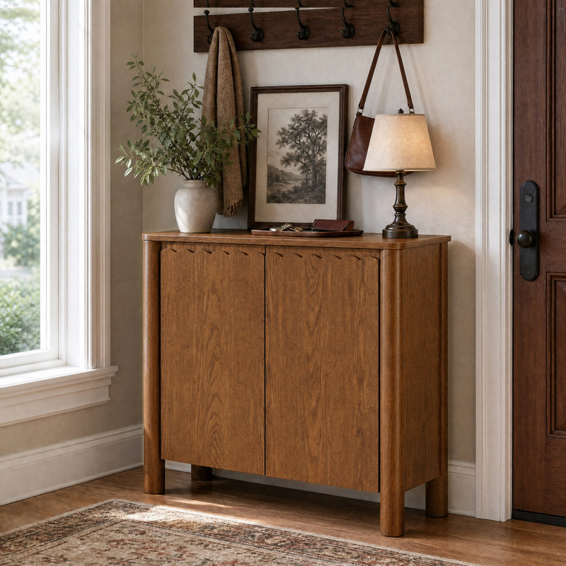 Armoire de rangement 31,5 "pour le salon, armoire de rangement en placage de bois massif avec tablettes réglables pour le couloir ou la cuisine, brun clair