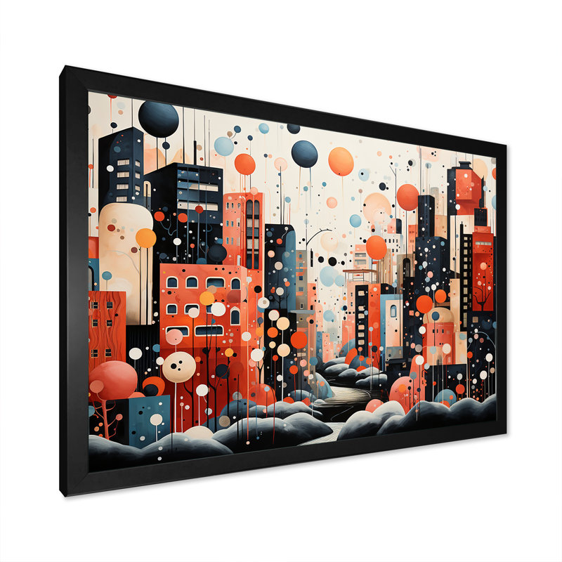 Orange, paysage urbain, art déco II, Cadre d'angle fermé noir, H 12 po x l 20 po x P 1 po