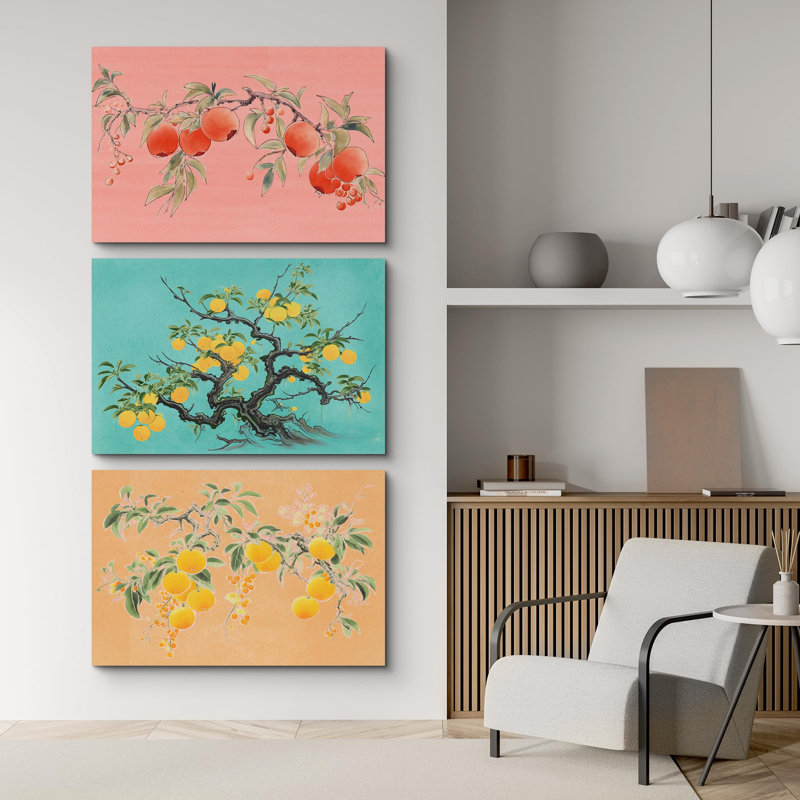 "Élégantes illustrations de fruits botaniques rose pastel, pêche, rose et jaune" - 3 pièces, Toile tendue, H 16 po x l 24 po