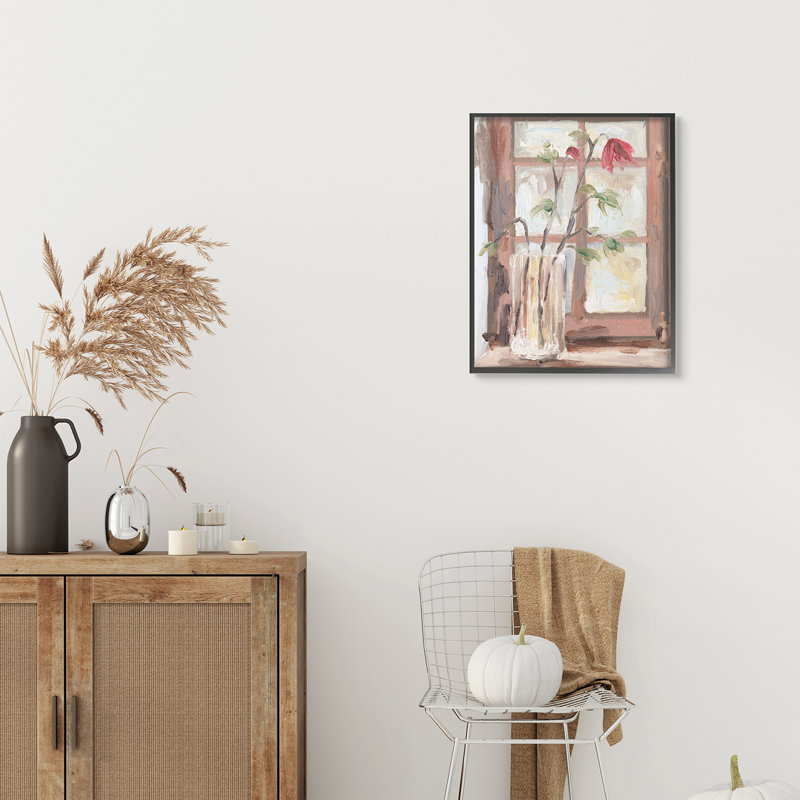 Vase de fleurs doux rouge, Giclée encadrée noir minuit, H 30 po x l 24 po