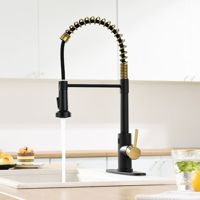 Touchless Kitchen Faucet With Pull Down Spray - Hands Automatic Smart, Black + Gold, Contemporary, Stainless Steel, Ceramic Fill Smart Touchless, , Contemporary Design, Filler