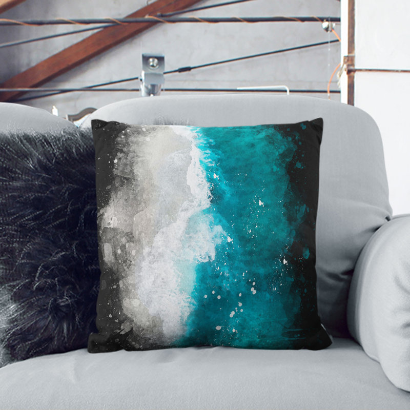 Ocean Kissing the Beach Paint Splash Cushion with Filling, 40cm H x 40cm W x 15cm D, Stone