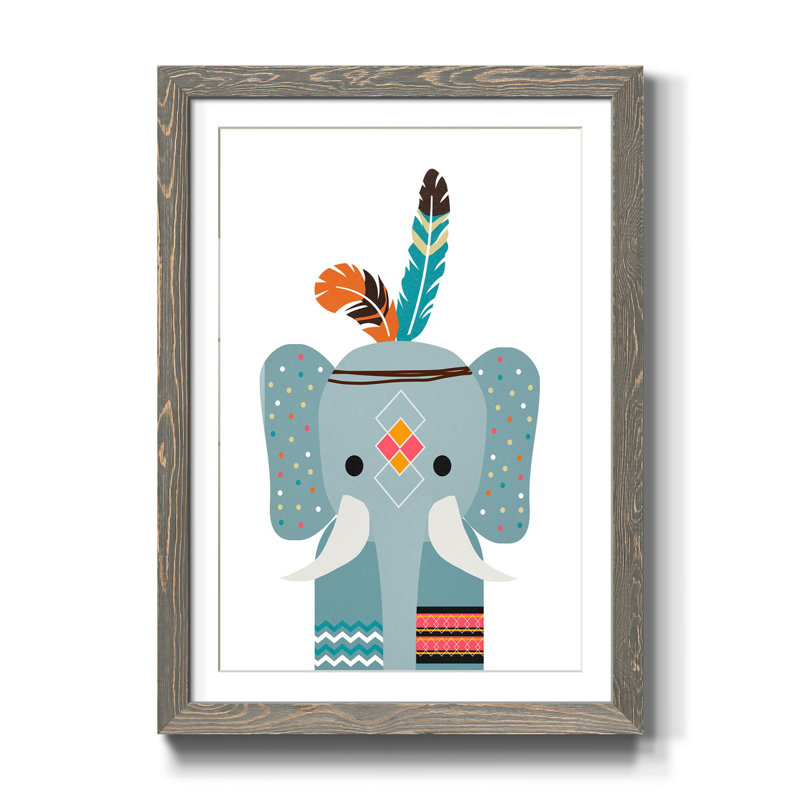 Boho Elephant - Reproduction d'art graphique encadré, H 31,5 po x l 23,5 po x P 1,5 po, Cadre en papier gris, Blanc