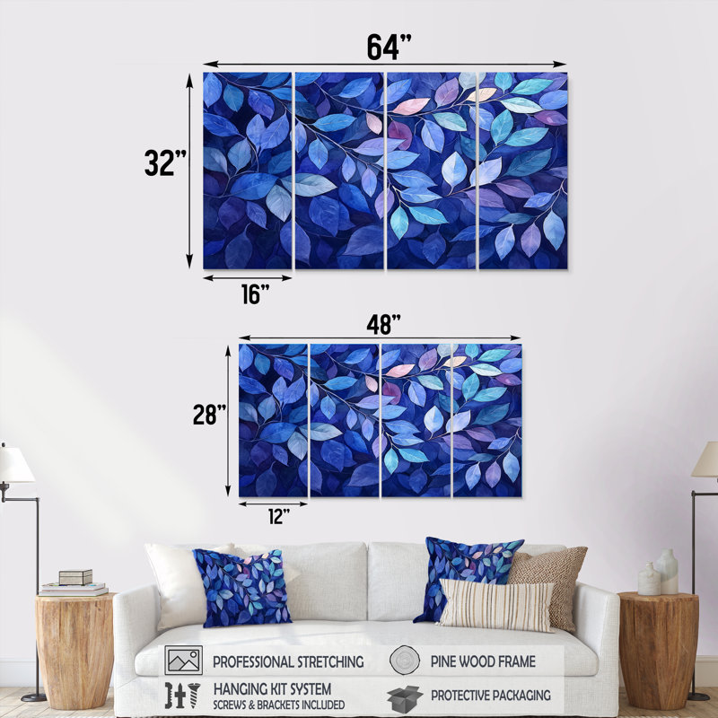 Feuillage indigo feuillage III - Art mural feuilles - Art mural traditionnel sur toile, H 32 po x l 64 po, 4