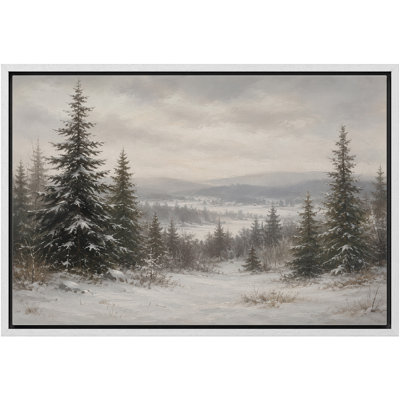 Neutral Snowy Pine Valley Winter Landscape Framed Canvas Master Bedroom Wall Art Work Print