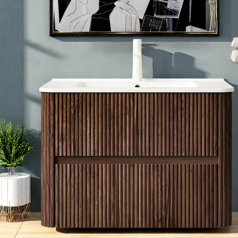 Meuble-lavabo flottant moderne avec lavabo, céramique blanche brillante, finition noyer rétro