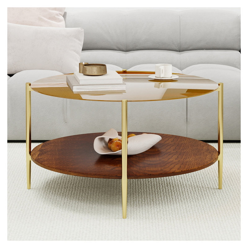 Table basse ronde moderne à double couche avec plateau en verre trempé et tablette en bois Modern Gold - diamètre de 32,3 pouces