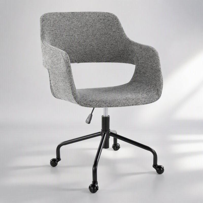 Chaise de bureau contemporaine réglable en métal noir et tissu gris, conçue de manière ergonomique pour un confort et un style optimaux.