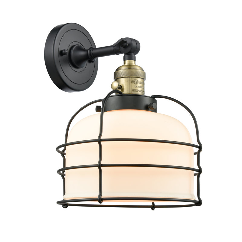 Applique murale 1 lumière 9 "Bell Cage, Boîtier blanc mat, Laiton antique noir, Ampoule non incluse