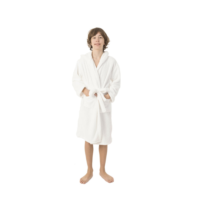 Peignoir 100% microfibre en molleton avec poches et capuche pour les enfants, Blanc, L