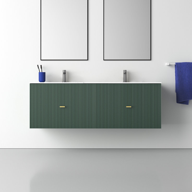 Jamell 60'' Double Bathroom Vanity with Engineered Stone Top, Forest Green, White