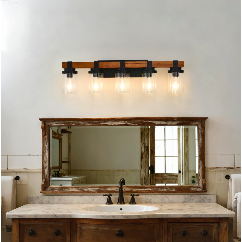 Luminaire de meuble-lavabo industriel moderne 5 lumières avec abat-jour en verre transparent noir mat et ton bois