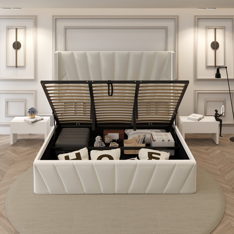 Dierra Upholstered High Headboard Storage Bed w/Hydraulic Gas Lift, Wood Slat System & Under Bed Storage