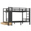 Lit superposé double au-dessus de double pour les adolescents avec tablettes de rangement, tiroirs et panneau perforé, noir