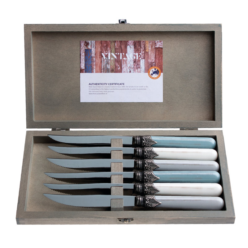 Bloomsbury Market Garlough 6 Piece Stainless Steel Steak Knife Set, Blue/Ivory/Light Grey