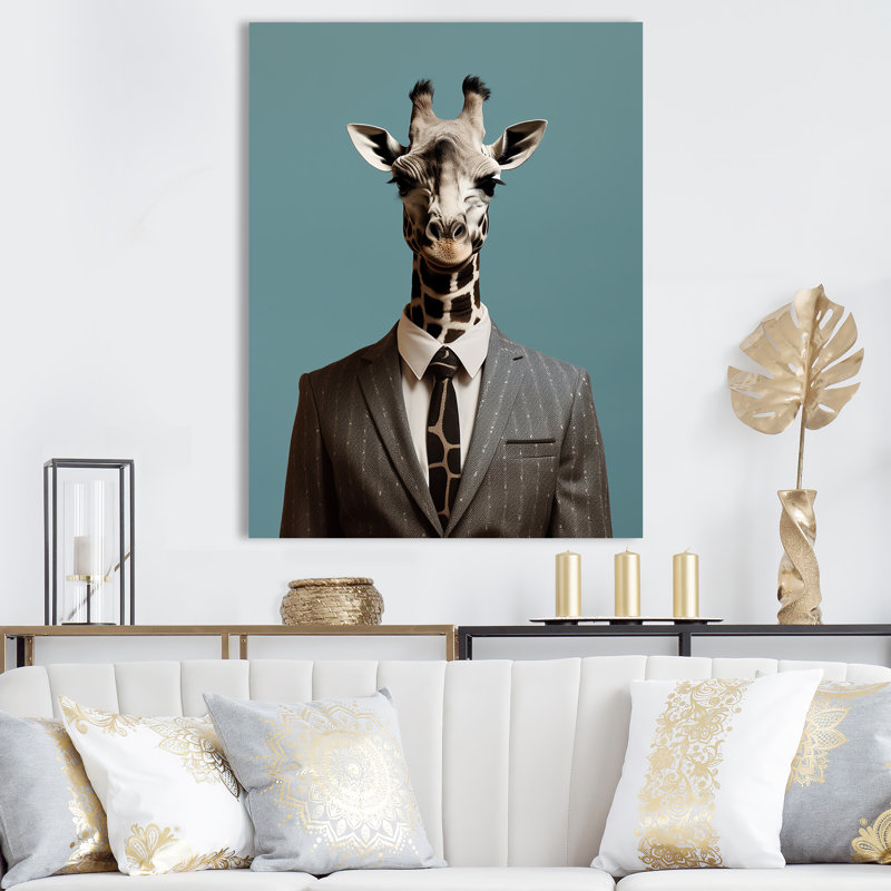 Gris, girafe et costume de mode II - girafe, art mural, Toile tendue, H 32 po x l 24 po x P 1 po