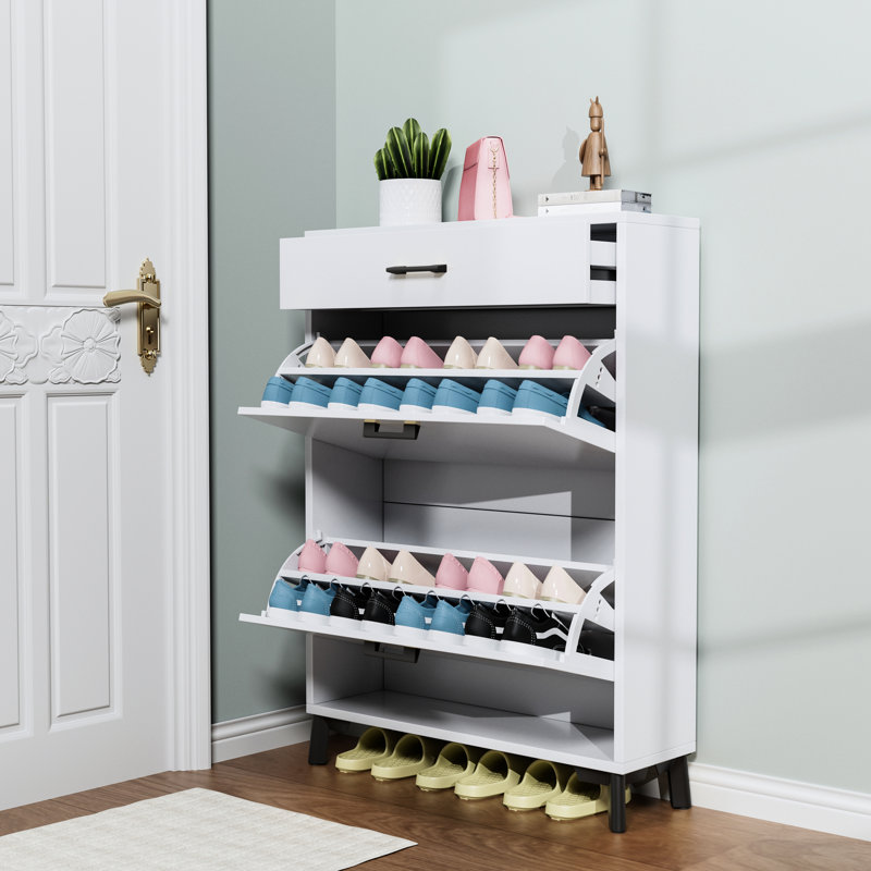 Range-chaussures Space - 2 tiroirs rabattables, blanc, solide et pour porte d'entrée, grand espace de rangement, Blanc