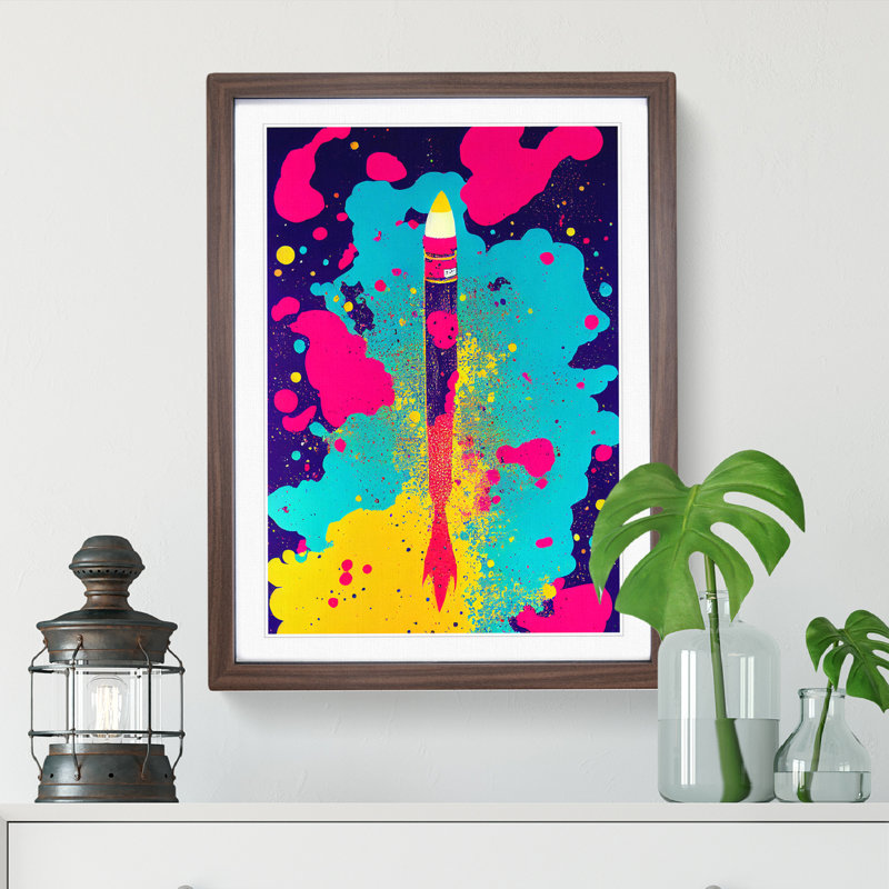 Paint Splashed Spaceship Rocket No.4 Abstract - Single Picture Frame Painting, 46cm H x 34cm W x 2cm D, Walnut