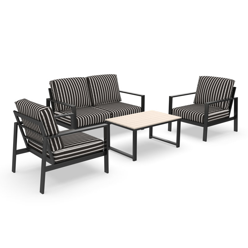 Ensemble de conversation avec coussins Sunbrella® Lugowe, Black/White Striped, 4 Pcs: Table, Loveseat, 2 Chairs
