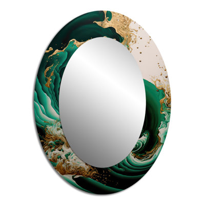 Emerald Green And Gold Abstract Waves IV - Modern Oval Wall Mirror