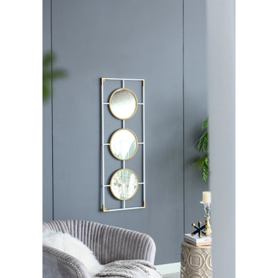 Three Mirror Wall Decor - Gold And White Frame, Convex Mirrors, Modern Design, 43.5"x15.5", 7.3lbs , Contemporary Style, 16.11x43.14 Inches