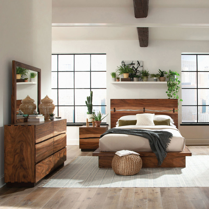 Chambre 4 pièces Eastern King, finition noyer, lit avec tête de lit Live Edge et pièces de rangement assorties pour très grand lit, tiroirs de menuiserie visibles