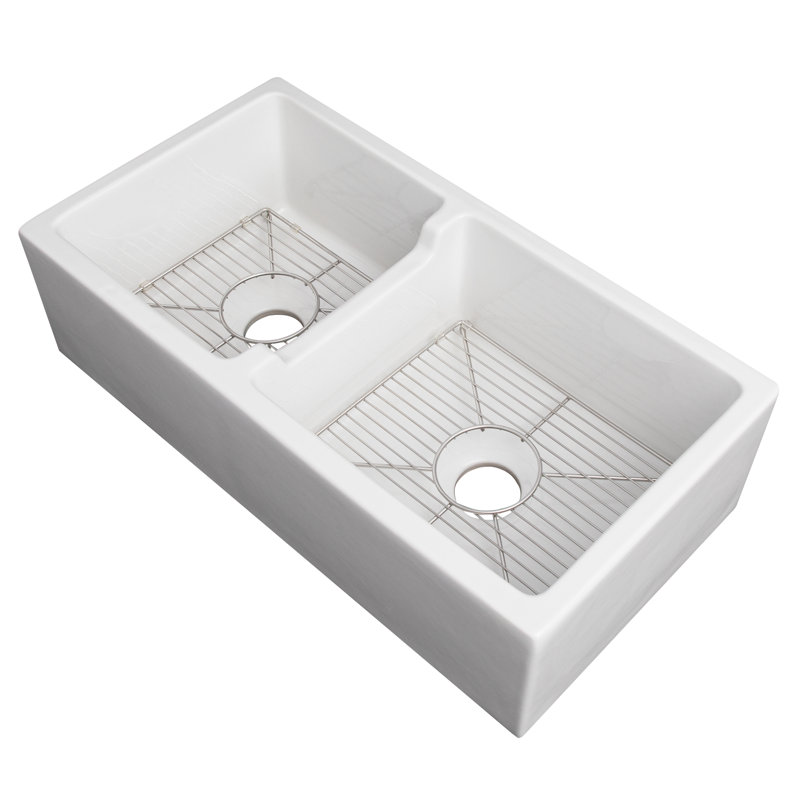Fireclay Palermo Front Reversible 36" L x 18" W Double Basin Farmhouse/Apron Kitchen Sink with Sink Grid