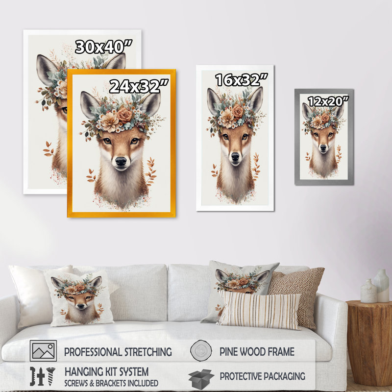 Mignon bébé renard avec couronne florale IV - animaux, art mural sur toile, L 12 po x H 20 po, Cadre photo noir