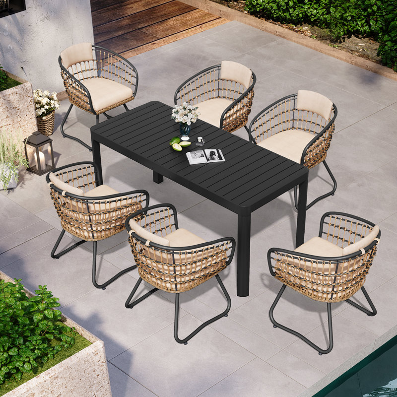 6 - Person Aluminum Rectangular Extendable Outdoor Dining Set with Cushion (Set of 7), Beige