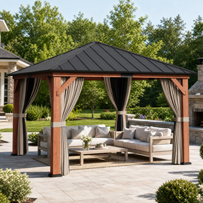 Hadley 12 Ft.X 12 Ft.Outdoor Patio Premium Cedar Wood Frame Gazebo With Mosquito Netting And Curtains, Galvanized Steel Hardtop Single Roof Pavilion
