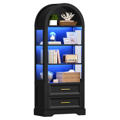 Bibliothèque arquée avec lumières, vitrine en verre avec 2 tiroirs