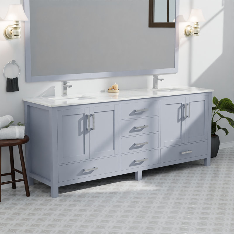 Ensemble de meuble-lavabo double avec plateau en marbre de Carrare et robinet, Gris foncé