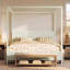 Très grand lit plateforme à baldaquin en bois avec lattes de soutien, beige-668347238-668347242
