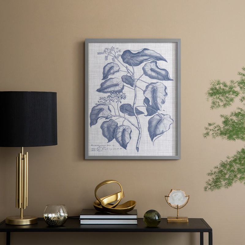Bleu marine et lin, reproduction botanique encadrée - bois massif, H 30 po x l 24 po, Gris