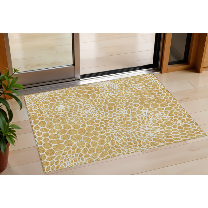 3' X 5' Gold And Ivory Geometric Washable Indoor Outdoor Area Rug