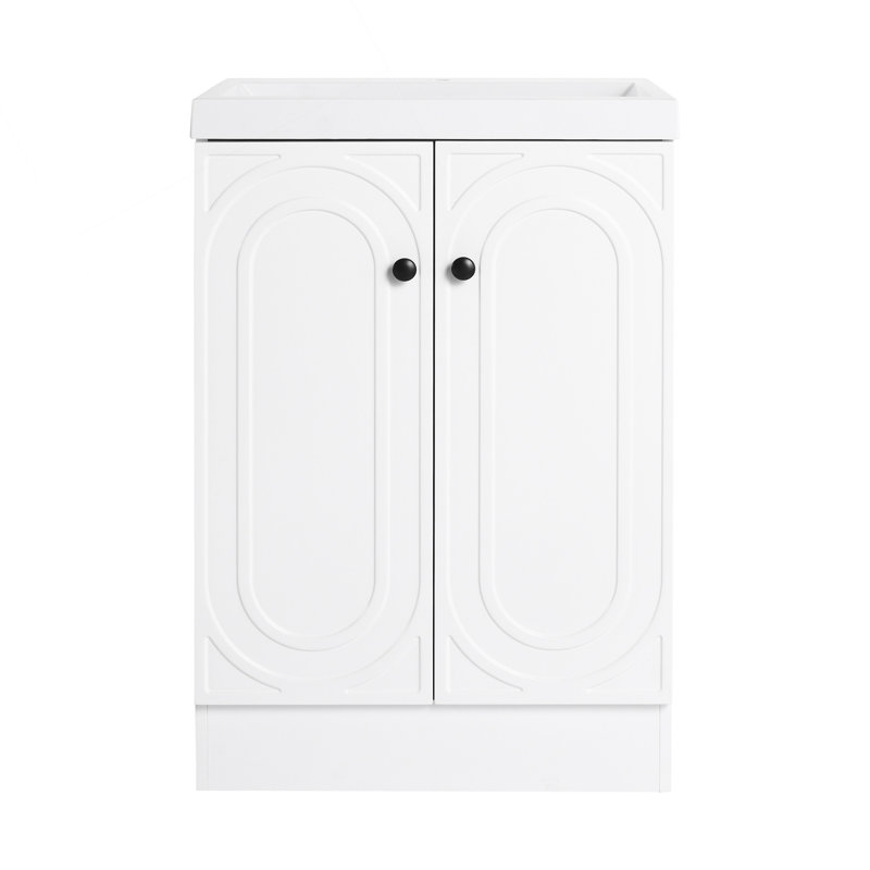 Meuble-lavabo autoportant de 24 pouces avec lavabo en résine blanche et armoires à fermeture douce, parfait pour les salles de bain modernes et compactes.