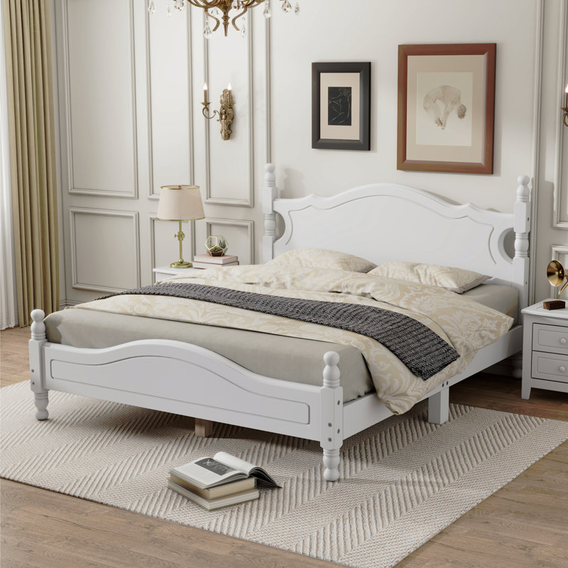 Base de lit plateforme en bois grand format, lit plateforme de style rétro avec support en lattes de bois, Blanc, Grand lit