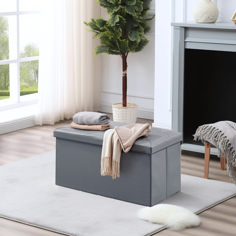 Massas 76cm Wide Faux Leather Tufted Rectangle Solid Colour Ottoman with Storage, Grey