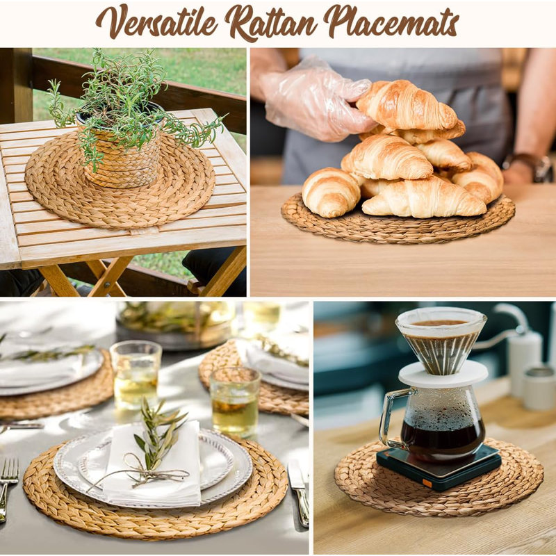 Round Woven Placemats Set Of 10 - Boho Farmhouse Rattan Wicker Table Mats, Natural Jute Braided Chargers For Dining Table Decor, Rustic Place Mats For Dinner Plates