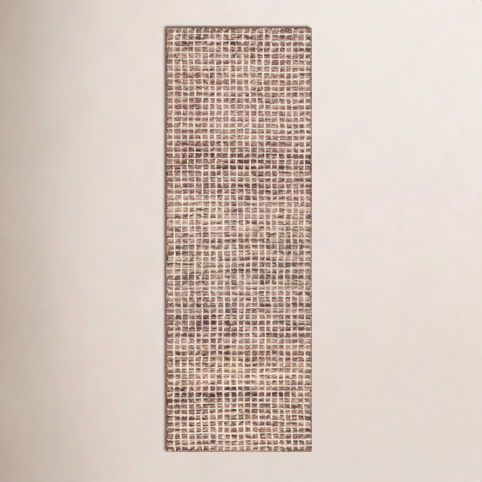 Brown Hand-Tufted Checkered Wool Rug, Runner 2'6" x 8'