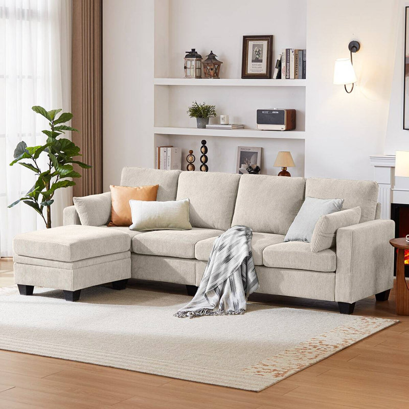 Corduroy Modular Sectional Couch with Ottoman Chaise, L Shaped 4-seat Sofa for Living Room, Apartment, Lounge, Modern Armrest Neck Support Furniture