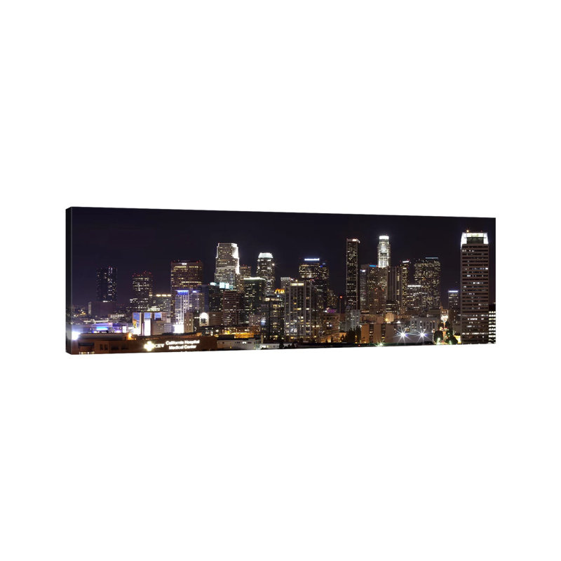 Buildings Lit Up At Night, Los Angeles, California, USA 2011 by Panoramic Images - Wrapped Canvas Panoramic Print